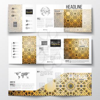 Set of tri-fold brochures, square design templates. Islamic golden vector texture, geometric pattern, abstract ornament, arabic calligraphy which means - Eid al Fitr - for muslim community.