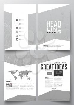 Set of business templates for brochure, magazine, flyer, booklet or annual report. Molecular construction with connected lines and dots, scientific or digital design pattern on gray background.