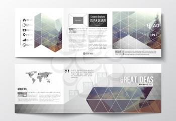 Vector set of tri-fold brochures, square design templates with element of world map. Abstract colorful polygonal background, modern stylish triangle vector texture