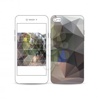 Mobile smartphone with an example of the screen and cover design isolated on white background. Polygonal background, blurred image, urban landscape, street in Montmartre, Paris cityscape