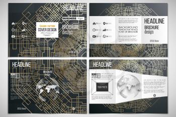 Vector set of tri-fold brochure design template on both sides with world globe element. Golden technology pattern on dark background with connecting lines and dots, connection structure. Digital scien