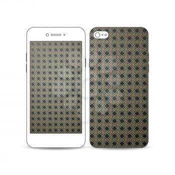Mobile smartphone with an example of the screen and cover design isolated on white background. Islamic gold pattern, overlapping geometric square shapes forming abstract ornament. Golden texture