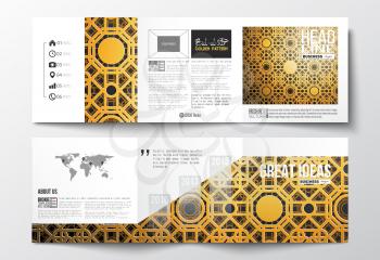 Set of tri-fold brochures, square design templates. Islamic golden vector texture, geometric pattern, abstract ornament, arabic calligraphy which means - Eid al Fitr - for muslim community.
