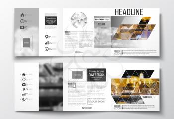 Vector set of tri-fold brochures, square design templates with element of world globe. Colorful polygonal background, blurred image, night city landscape, modern stylish triangular vector texture.