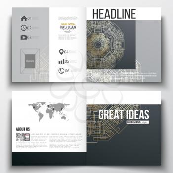 Set of square design brochure template. Round golden technology pattern on dark background, mandala template with connecting lines and dots, connection structure. Digital scientific vector