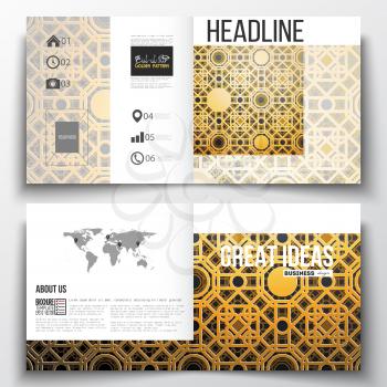 Set of square design brochure template. Islamic golden vector texture, geometric pattern, abstract ornament. Beautiful background with arabic calligraphy which means -Eid al Fitr- for muslim community
