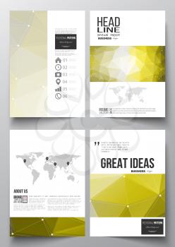 Set of business templates for brochure, magazine, flyer, booklet or annual report. Molecular construction with connected lines and dots, scientific pattern on abstract yellow polygonal background, mod