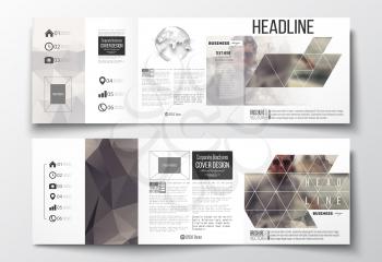 Vector set of tri-fold brochures, square design templates with element of world globe. Polygonal background, blurred image, vacation, travel, tourism. Modern triangular vector texture.