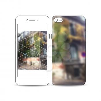 Mobile smartphone with an example of the screen and cover design isolated on white background. Polygonal background, blurred image, urban landscape, street in Montmartre, Paris cityscape