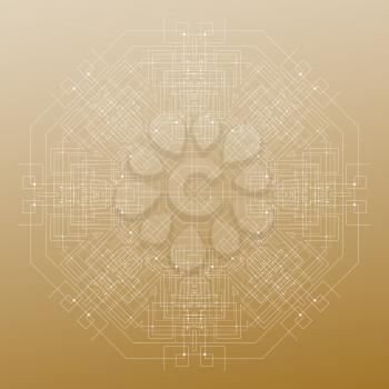 Abstract round technology pattern isolated on golden background, mandala template with connecting lines and dots, connection structure. Digital scientific vector.