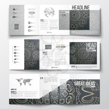 Set of tri-fold brochures, square design templates with element of world map and globe. Polygonal backdrop with golden connecting dots and lines, connection structure. Digital scientific background