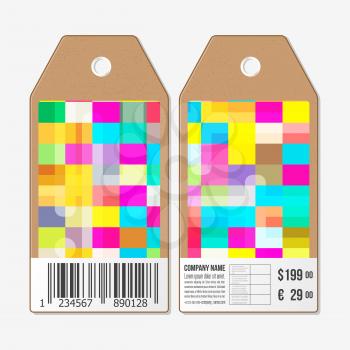 Tags on both sides, cardboard sale labels with barcode. Abstract colorful business background, modern stylish vector texture.