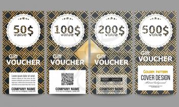 Set of modern gift voucher templates. Islamic gold pattern with overlapping geometric square shapes forming abstract ornament. Vector stylish golden texture on black background.