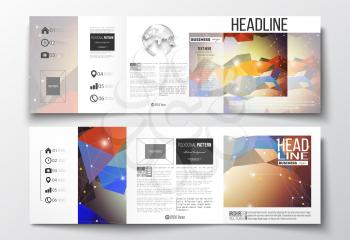 Vector set of tri-fold brochures, square design templates with element of world globe. Molecular construction with connected lines and dots, scientific pattern on abstract colorful polygonal backgroun