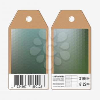 Tags on both sides, cardboard sale labels with barcode. Blurred polygonal design, geometric hexagonal background.