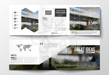 Vector set of tri-fold brochures, square design templates with element of world map. Colorful polygonal background, blurred image, urban scene, modern stylish triangular vector texture.