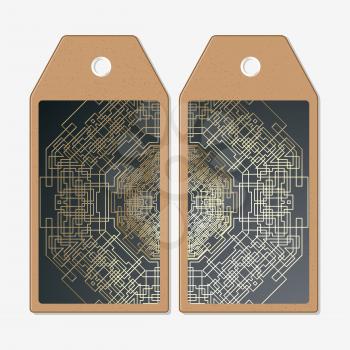 Vector tags design on both sides, cardboard sale labels. Golden technology pattern on dark background with connecting lines and dots, connection structure. Digital scientific vector