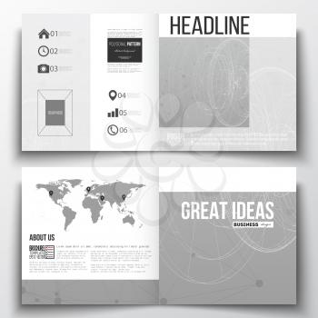 Set of annual report business templates for brochure, magazine, flyer or booklet. Molecular construction with connected lines and dots, scientific or digital design pattern on gray background.