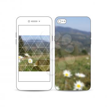 Mobile smartphone with an example of the screen and cover design isolated on white background. Summer landscape. Colorful polygonal backdrop, blurred background, modern stylish triangle vector texture