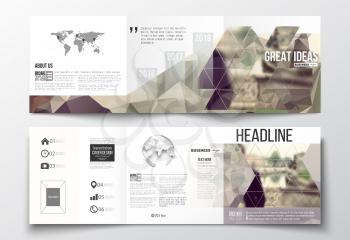 Vector set of tri-fold brochures, square design templates with element of world map and globe. Polygonal background, blurred image. Modern triangular vector texture.