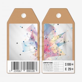 Vector tags design on both sides, cardboard sale labels with barcode. Abstract vector background.  Technical construction with connected lines and dots.
