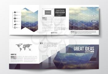 Vector set of tri-fold brochures, square design templates with element of world map. Colorful polygonal backdrop, blurred background, mountain landscape, modern stylish triangle vector texture.