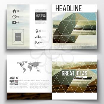 Vector set of square design brochure template. Colorful polygonal backdrop, blurred background, sea landscape, modern stylish triangle vector texture.