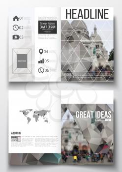 Set of business templates for brochure, magazine, flyer, booklet or annual report. Polygonal background, blurred image, view of cathedral Sakre-Ker, Paris cityscape, modern triangular vector texture.