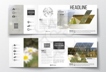 Vector set of tri-fold brochures, square design templates with element of world globe. Summer landscape. Colorful polygonal backdrop, blurred background, modern stylish triangle vector texture.
