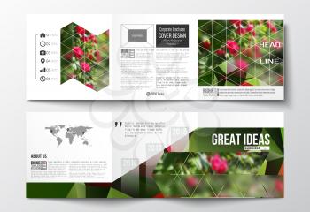 Vector set of tri-fold brochures, square design templates with element of world map. Colorful polygonal floral background, blurred image, red flowers on green, modern triangular texture