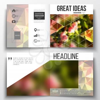 Set of annual report business templates for brochure, magazine, flyer or booklet. Colorful polygonal floral background, blurred image, pink flowers on green, modern triangular texture.