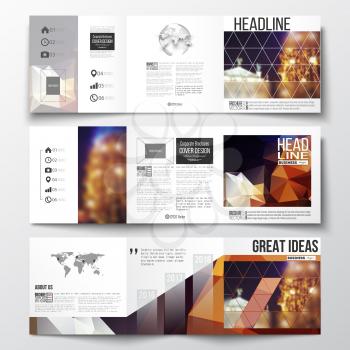Vector set of tri-fold brochures, square design templates with element of world map and globe. Colorful polygonal background, blurred image, night city landscape, festive cityscape, triangular texture