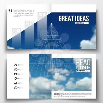 Set of annual report business templates for brochure, magazine, flyer or booklet. Beautiful blue sky, abstract geometric background with white clouds, leaflet cover, business layout, vector.