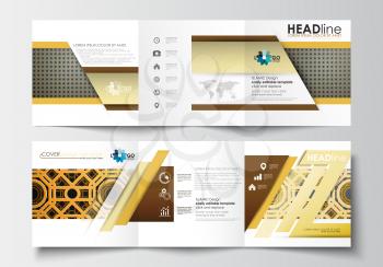 Set of business templates for tri-fold brochures. Square design. Leaflet cover, abstract flat layout, easy editable blank. Islamic gold pattern, overlapping geometric shapes forming abstract ornament.