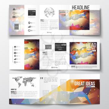 Vector set of tri-fold brochures, square design templates with element of world map and globe. Molecular construction with connected lines and dots, scientific pattern on abstract colorful polygonal b