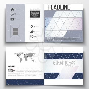 Vector set of square design brochure template. Polygonal low poly backdrop with connecting dots and lines, connection structure, blue background. Digital or science vector
