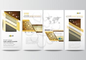 Flyers set, modern banners. Business templates. Cover design template, easy editable, abstract flat layouts. Islamic gold pattern, overlapping geometric shapes forming abstract ornament. Vector golden