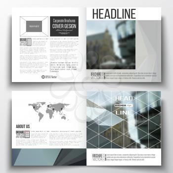 Set of annual report business templates for brochure, magazine, flyer or booklet. Abstract polygonal background, blurred image, urban landscape, modern stylish triangular vector texture.