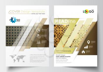 Business templates for brochure, magazine, flyer, booklet or annual report. Cover design template, easy editable blank, flat layout in A4 size. Islamic gold pattern, overlapping geometric shapes formi