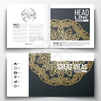 Set of annual report business templates for brochure, magazine, flyer or booklet. Golden microchip pattern, dark background, mandala template with connecting dots and lines. Digital scientific vector