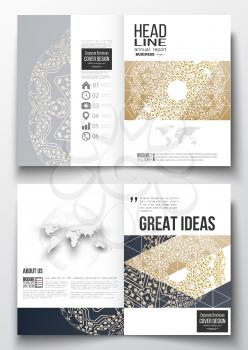 Set of business templates for brochure, magazine, flyer, booklet or annual report. Golden microchip pattern, connecting dots and lines, connection structure. Digital scientific background.
