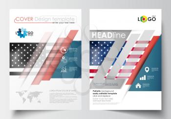 Business templates for brochure, magazine, flyer, booklet or annual report. Cover design template, easy editable blank, abstract flat layout in A4 size. Patriot Day background with american flag, vect
