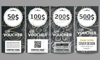 Set of modern gift voucher templates. Polygonal backdrop with golden connecting dots and lines, connection structure. Digital scientific background.