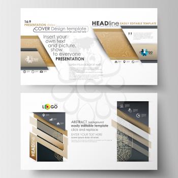 Business templates in HD size for presentation slides. Easy editable abstract layouts in flat design. Golden technology background, connection structure with connecting dots and lines, science vector.