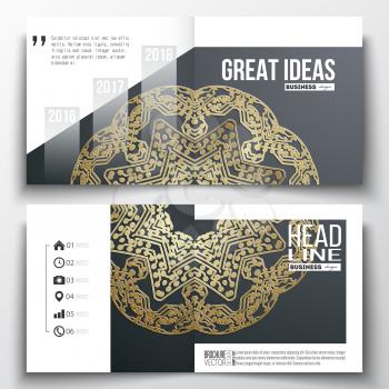 Set of annual report business templates for brochure, magazine, flyer or booklet. Golden microchip pattern, mandala template with connecting dots and lines, connection structure.
