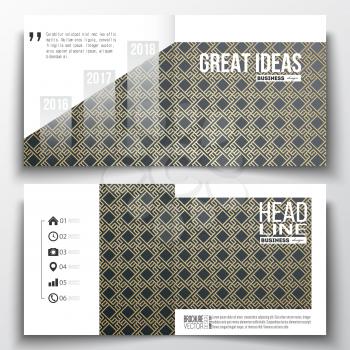 Set of annual report business templates for brochure, magazine, flyer or booklet. Islamic gold pattern with overlapping geometric square shapes forming abstract ornament. Vector golden texture.