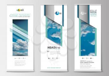 Set of roll up banner stands, blue flat design templates, abstract geometric style, modern business concept, corporate vertical vector flyers, flag-banner layouts