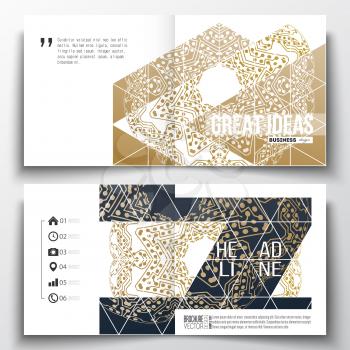 Set of annual report business templates for brochure, magazine, flyer or booklet. Golden microchip pattern, connecting dots and lines, connection structure. Digital scientific background.