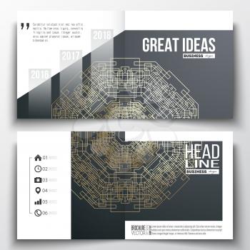 Set of annual report business templates for brochure, magazine, flyer or booklet. Round golden technology pattern on dark background, mandala template, connecting lines and dots, connection structure