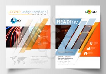 Business templates for brochure, magazine, flyer, booklet or annual report. Cover design template, easy editable blank, abstract flat layout in A4 size. Abstract lines background with color glowing ne